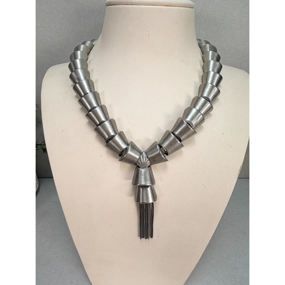 Unsigned Vintage Modernist Silver Tone Cone Tassel Necklace One of a Kind